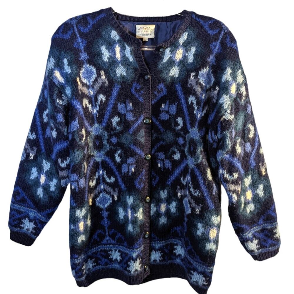 Vintage Susan Bristol Mohair Blend Cardigan Sweater Coat Lined Blue Size Large
